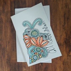 🌻5/$20 Handmade Congratulations Floral Zentangle Card- Blue, Orange & Black